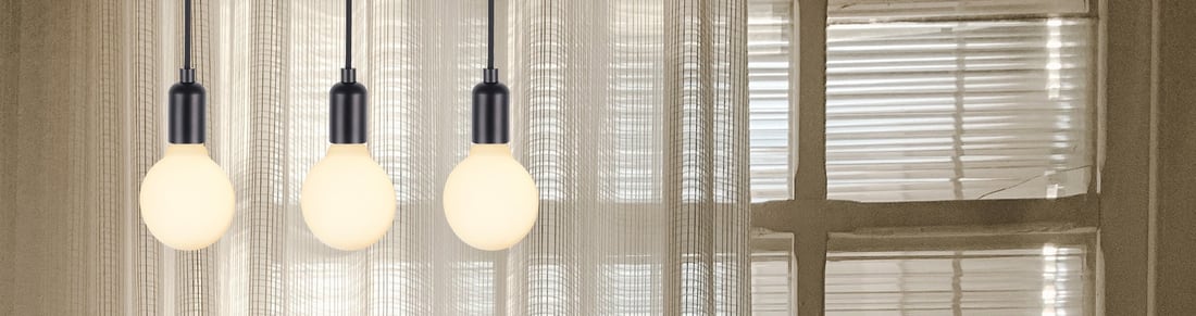 Three matte globe LED bulbs glowing in front of softly filtered daylight