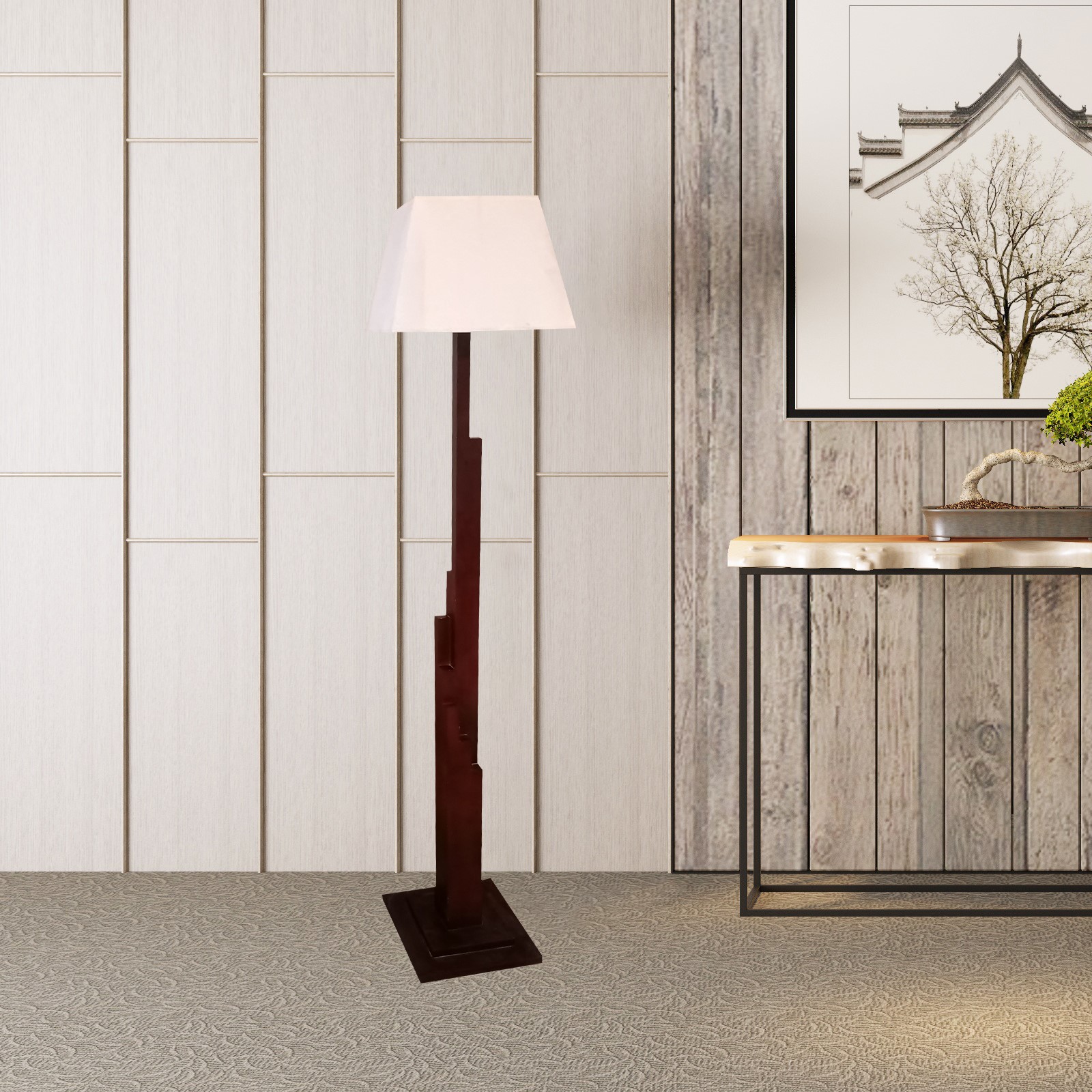 Wood block floor lamp